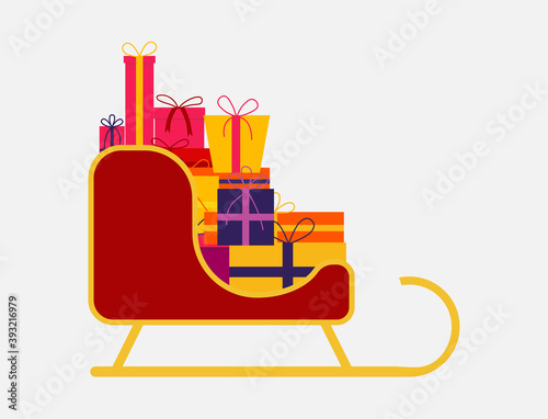 Sleigh with Christmas gifts. Vector illustration isolated on white background. Flat design style.