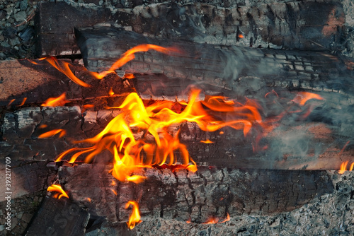 Burning log of wood close-up as abstract background. The hot embers of burning wood log fire.