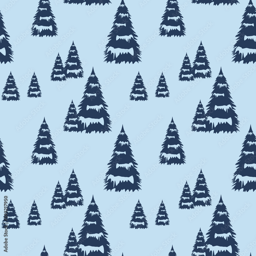 Christmas tree pattern. Winter happy New Year wrapping paper background. Cute ornament. Design for children's fabric, wallpaper, paper, Christmas gift wrapping. Vector illustration flat