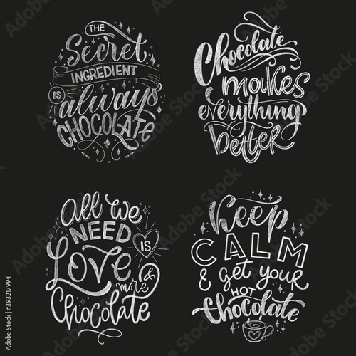 Chocolate hand lettering chalk quotes set. Christmas winter word composition. Vector design elements for t-shirt, bag, poster, card, stickers and menu