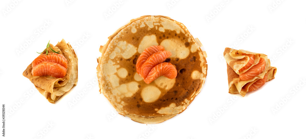 Crepes with Raw Sliced Salmon Fillet Isolated Top View