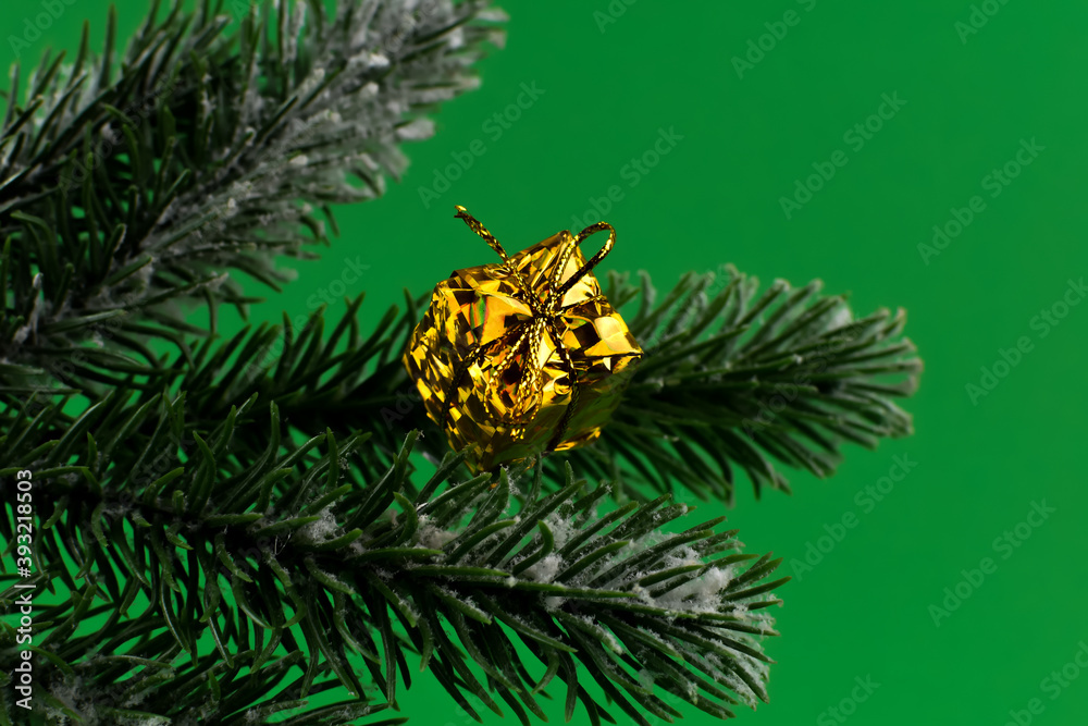 Kolorowe ozdoby świąteczna na zielonej gałązce choinki. - obrazy, fototapety, plakaty 