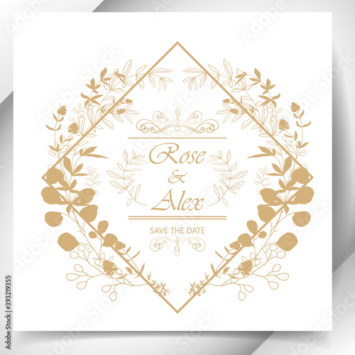 
Vignette. Diamond-shaped floral frame with a gold outline of decorative herbs on a champagne color background. Registration of wedding invitations, congratulations, cards.
