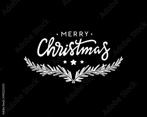 Christmas lettering with fir tree branches. Merry Christmas handwritten calligraphy. Vector illustration.