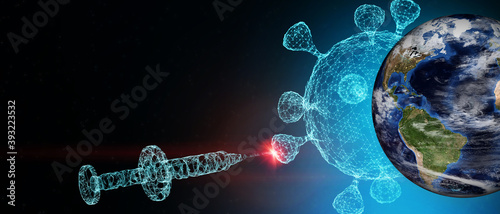 Fototapeta Naklejka Na Ścianę i Meble -  3D Illustration syringe injection needle futuristic innovation covid vaccine research develop success protect result pharmaceutical cure coronavirus evolution Element of this image furnished by NASA