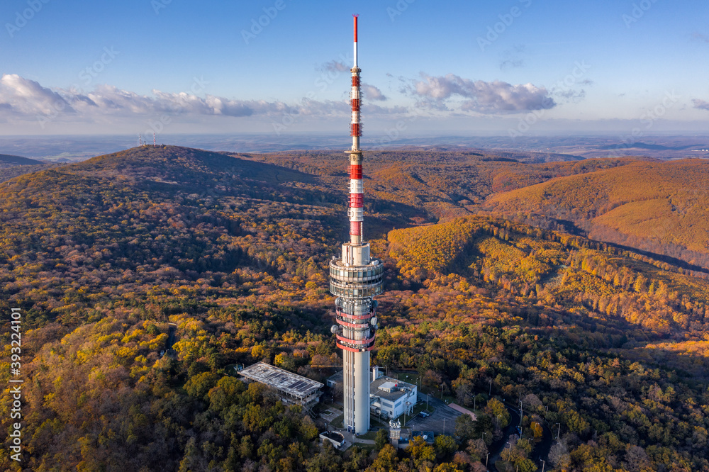 Obraz premium Hungary - TV tower in Pecs with Mecsek hills from drone view