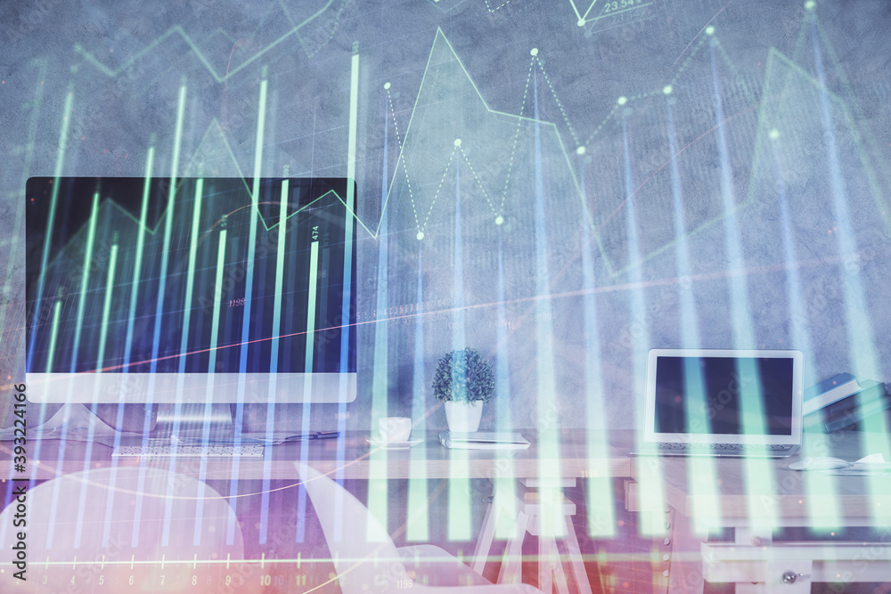Multi exposure of financial graph drawing and office interior background. Concept of market analysis. Multi exposure of financial graph drawing and office interior background. Concept of market analysis.
