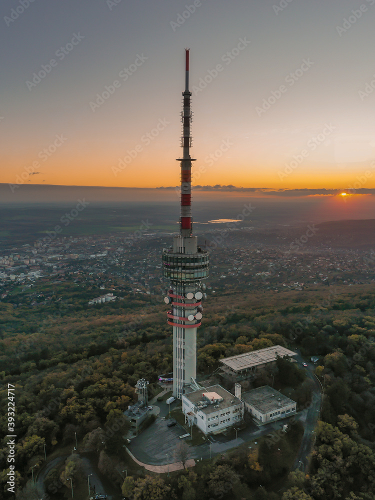 Obraz premium Hungary - TV tower in Pecs with Mecsek hills from drone view