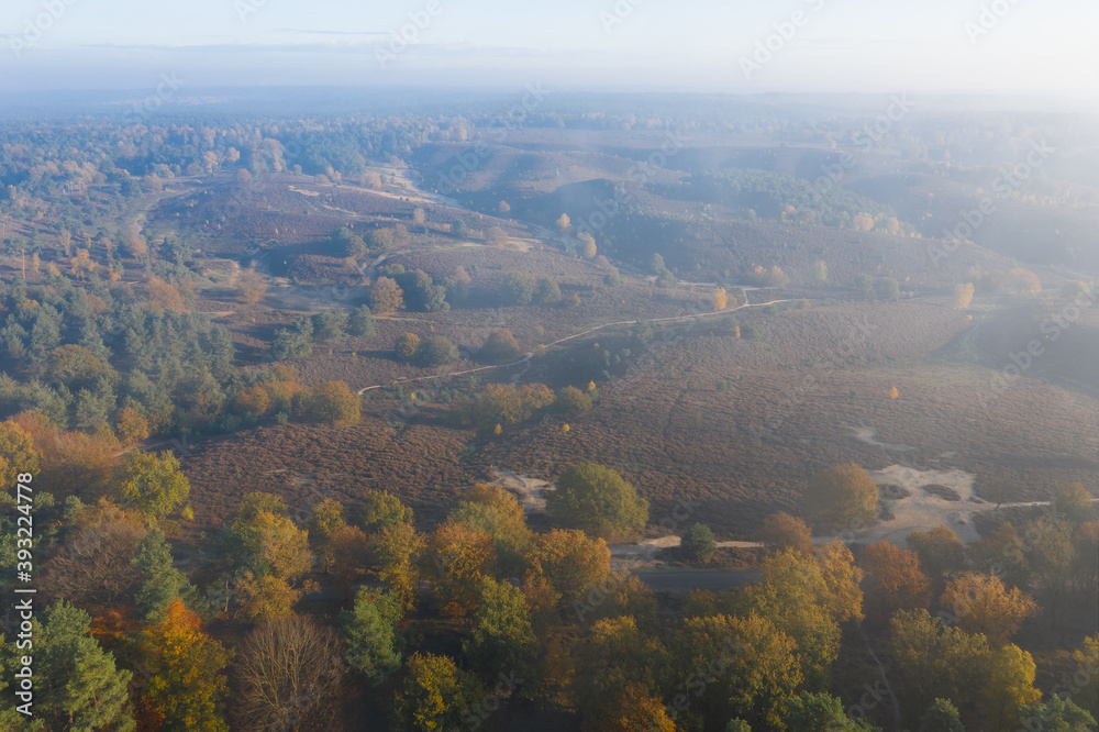 Fototapeta premium Aerial panorama of heath and hills, Rheden, Netherlands