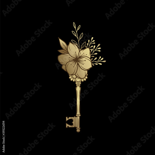 Golden key with floral ornament. Vector gold vintage engraving illustration on a dark and bright background. For web, posters, infographics, tattoos, tarot cards.