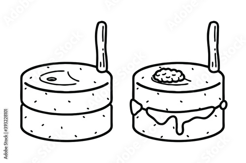 Korean traditional millstone and with beans. Vector line art illustrations set.