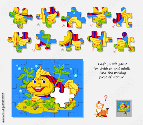 Logic puzzle game for children and adults. Find the missing piece of picture. Page for kids brain teaser book. IQ test. Play online. Memory exercise for seniors. Developing spatial thinking.