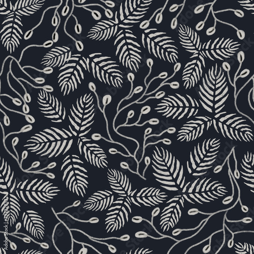 Seamless texture of wild leaves. Hand drawn sketch painting on deep blue background.