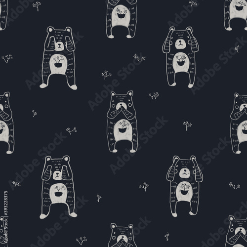 Seamless texture of little bears. Hand drawn sketch painting on deep blue background.