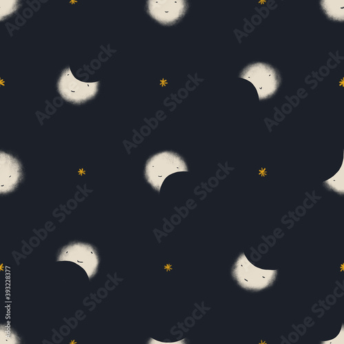 Seamless texture of moon and night. Hand drawn sketch painting on deep blue background.