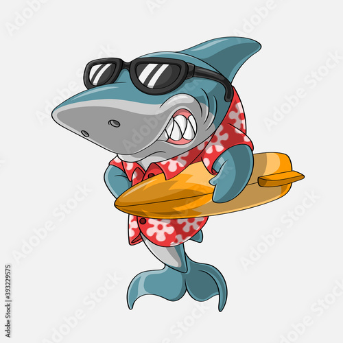 Smiling surfer shark cartoon, Hand drawn