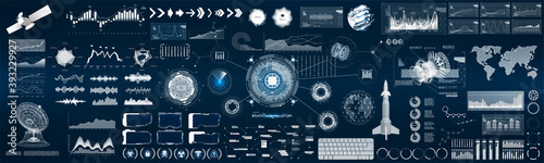 UI, HUD, GUI big elements collection. Futuristic interface set for VR, game and web design. HUD elements - charts, audio waves, graphics, 3D technology elements, Sky-fi circle and other. Vector UI, UX