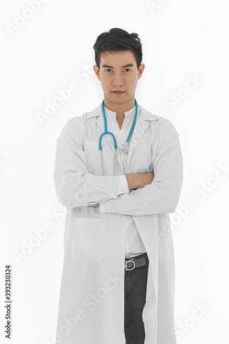 portrait of asian male doctor in white lab coat with stethoscope