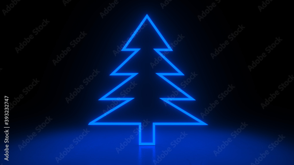 Christmas tree, blue neon glow icon on darkness black background. Abstract winter holiday concept. Blank empty space for your copy or another design. 3D rendering illustration Christmas tree, blue neon glow icon on darkness black background. Abstract winter holiday concept. Blank empty space for your copy or another design. 3D rendering illustration