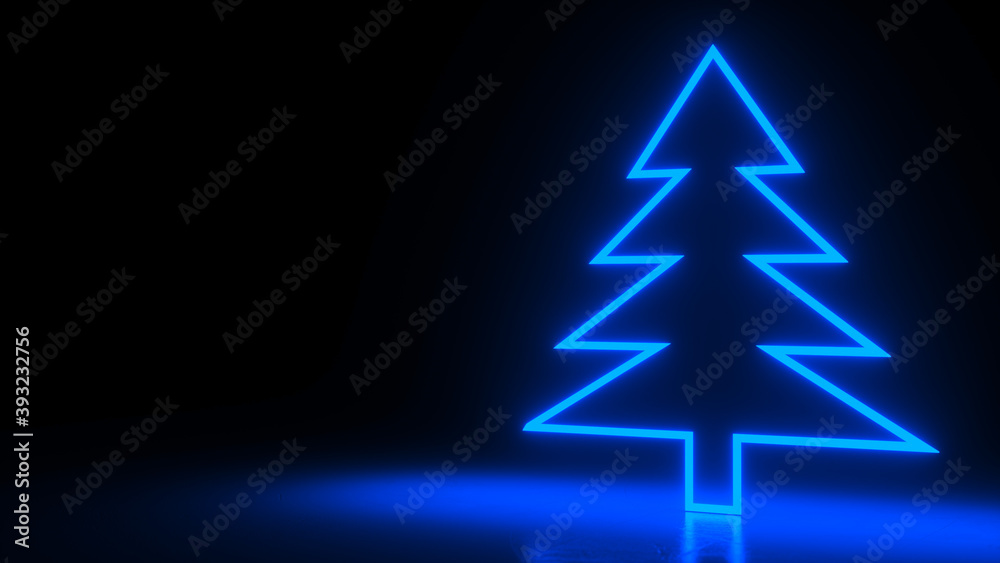 Christmas tree, blue neon glow icon on darkness black background. Abstract winter holiday concept. Blank empty space for your copy or another design. 3D rendering illustration Christmas tree, blue neon glow icon on darkness black background. Abstract winter holiday concept. Blank empty space for your copy or another design. 3D rendering illustration