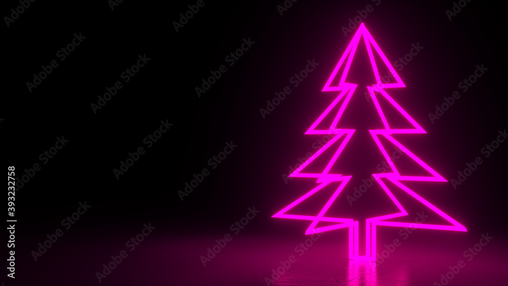 Christmas tree, pink neon glow icon on darkness black background. Abstract winter holiday concept. Blank empty space for your copy or another design. 3D rendering illustration Christmas tree, pink neon glow icon on darkness black background. Abstract winter holiday concept. Blank empty space for your copy or another design. 3D rendering illustration