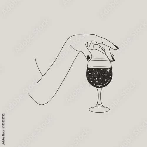 Woman's Hand Holds a glass of Wine Space Stars in a Minimal Style . Vector Fashion Illustration of the female body in a trending linear style. Fine art for posters, tattoos, store and Bar logos