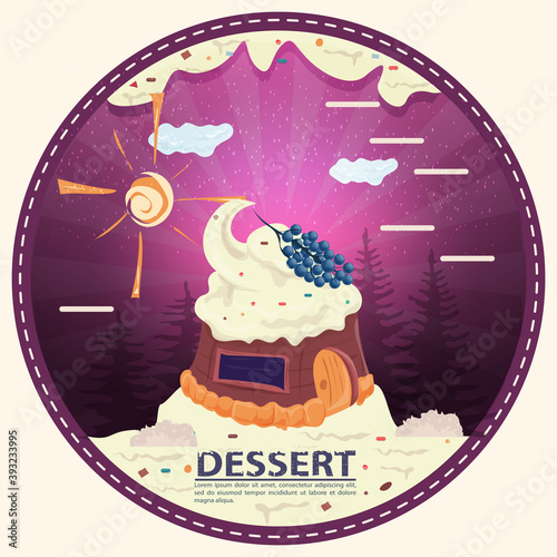 chocolate cake with currants on the roof in a glade of icing with the inscription dessert round sticker flat design
