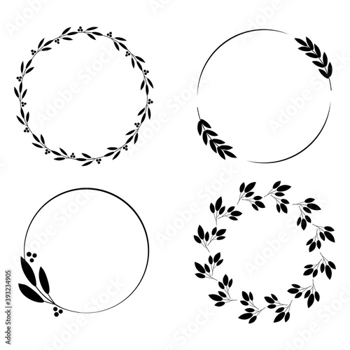 Round black wreaths in sketch style. Wedding invitation design. Design element vector illustration. Stock image. EPS 10.