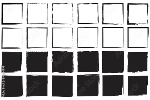 Black squares by hand. Hand drawn brush stroke collection. Black frame. Art black ink abstract brush stroke paint background. Stock image. EPS 10.