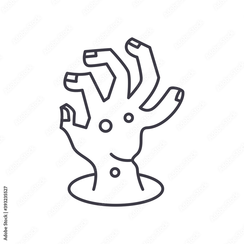 Zombie hand icon, linear isolated illustration, thin line vector, web design sign, outline concept symbol with editable stroke on white background. Zombie hand icon, linear isolated illustration, thin line vector, web design sign, outline concept symbol with editable stroke on white background.