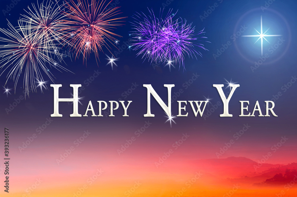 Text for Happy New Year over fireworks on night background