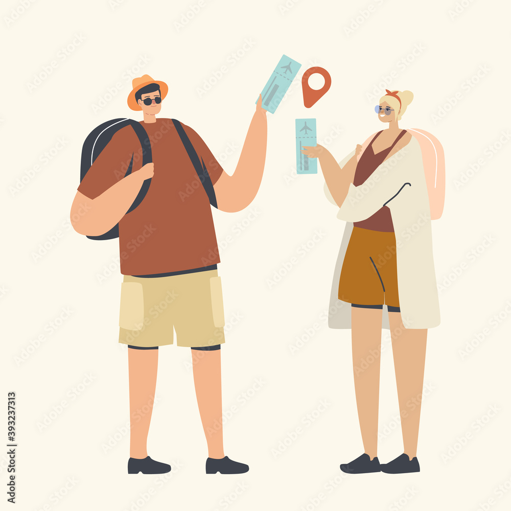 Couple Male and Female Characters with Backpacks Hold Tickets with GPS Pin. Travelers Choose Summer Time Vacation Trip