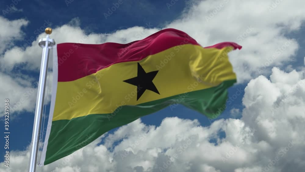 4k looping flag of Ghana with flagpole waving in wind;timelapse rolling clouds background.A fully digital rendering.