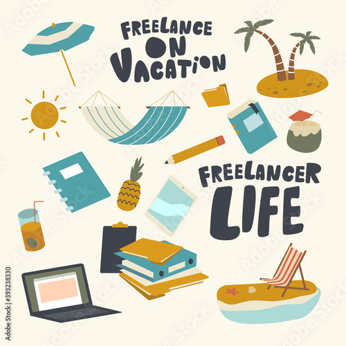 Set of Icons Freelancer on Vacation Theme. Hammock, Laptop, Documents Folders and Pineapple with Umbrella, Sun and Palms