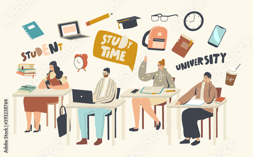 Students Sitting at Desks Visiting Lecture in University. Male and Female Characters Learning, Communicating, Education