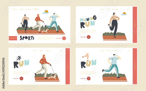 Summer Outdoor Sport Activity, Jogging Healthy Lifestyle Landing Page Template Set. Characters Run at Morning in Park