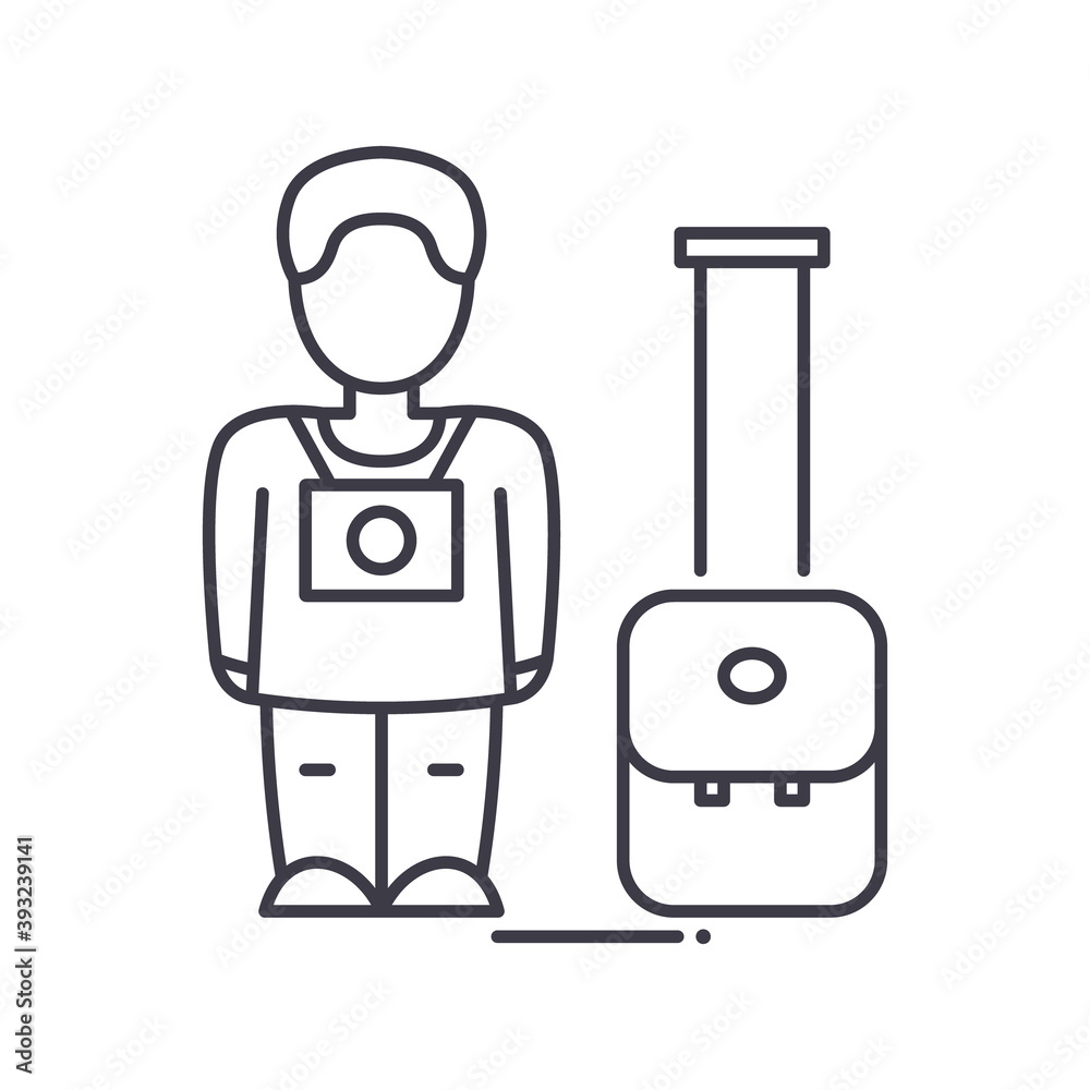 Tourist icon, linear isolated illustration, thin line vector, web design sign, outline concept symbol with editable stroke on white background. Tourist icon, linear isolated illustration, thin line vector, web design sign, outline concept symbol with editable stroke on white background.