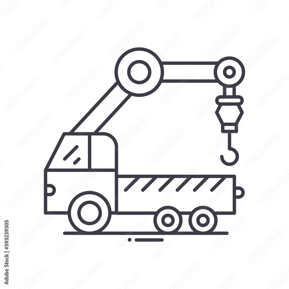 Towing truck concept icon, linear isolated illustration, thin line vector, web design sign, outline concept symbol with editable stroke on white background. Towing truck concept icon, linear isolated illustration, thin line vector, web design sign, outline concept symbol with editable stroke on white background.