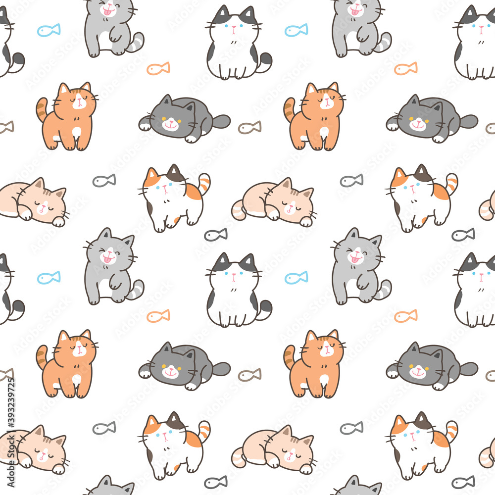Obraz premium Seamless Pattern with Cute Cartoon Cat Illustration Design on White Background
