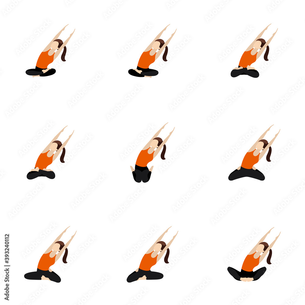 Seated side lean with parallel hands stretch yoga asanas set /Illustration stylized woman practicing butterfly, lotus and other poses with side bend Seated side lean with parallel hands stretch yoga asanas set /Illustration stylized woman practicing butterfly, lotus and other poses with side bend