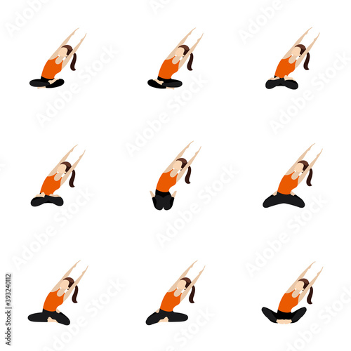 Seated side lean with parallel hands stretch yoga asanas set /Illustration stylized woman practicing butterfly, lotus and other poses with side bend