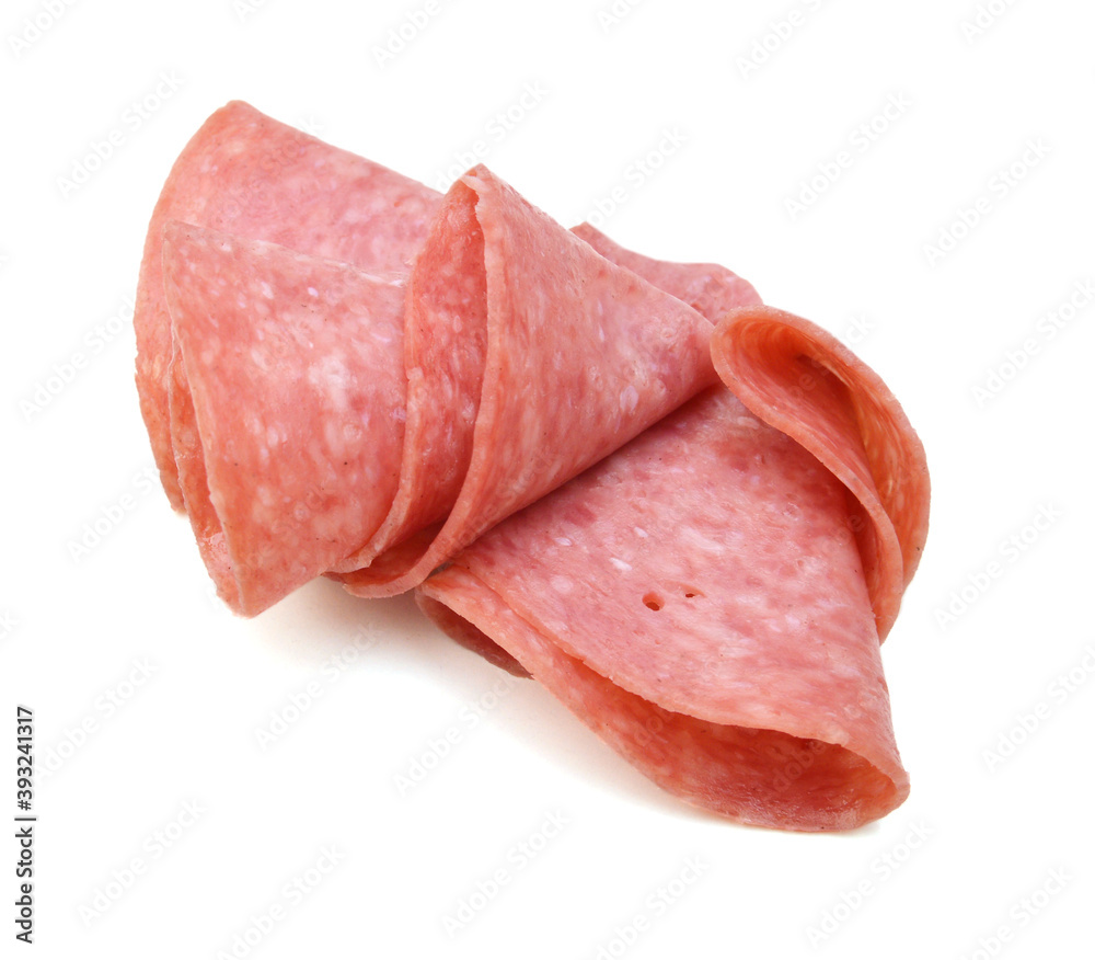 Salami smoked sausage slices isolated on white background. Salami smoked sausage slices isolated on white background.