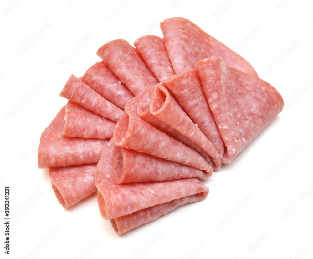 Salami smoked sausage slices isolated on white background. Salami smoked sausage slices isolated on white background.