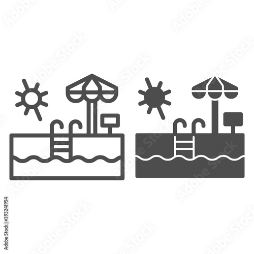 Swimming pool with ladder and beach umbrella line and solid icon, Aquapark concept, outdoor pool lounge sign on white background, Swimming pool in water park icon in outline style. Vector graphics.