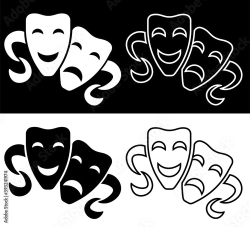 set of comedy and tragic theatrical masks icons. Theatrical premieres, circus poster. Vector