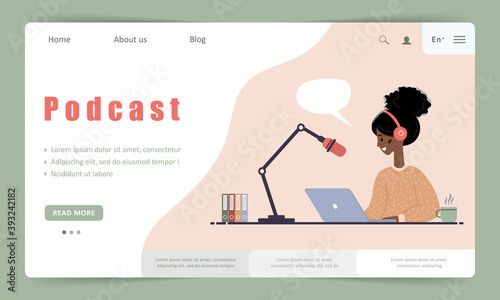 Podcast landing page template. African woman in headphones at table recording audio broadcast. Interview with radio host. Streaming online. Webpage for e-learning. Vector illustration in flat style.