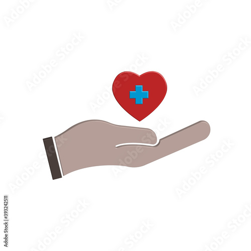 Hand and heart 3d icon with health symbol. Design vector illustration