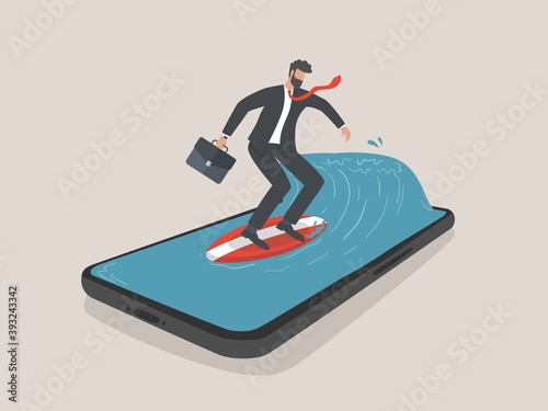 Businessman surfing with smartphone, marketing and digital marketing, Businessman on surfboard.