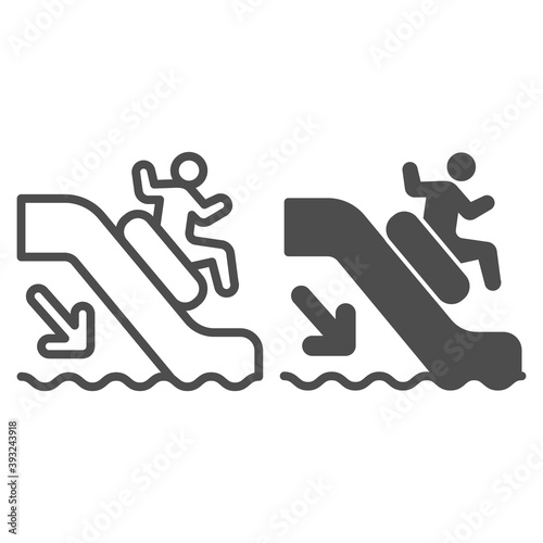 Man descends on boat from water slide line and solid icon, Aquapark concept, Person on waterslide sign on white background, aqua park attraction icon in outline style for mobile, web. Vector graphics.