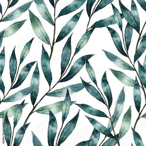 Watercolor seamless pattern with green leaves. Hand drawn illustration isolated on white background.